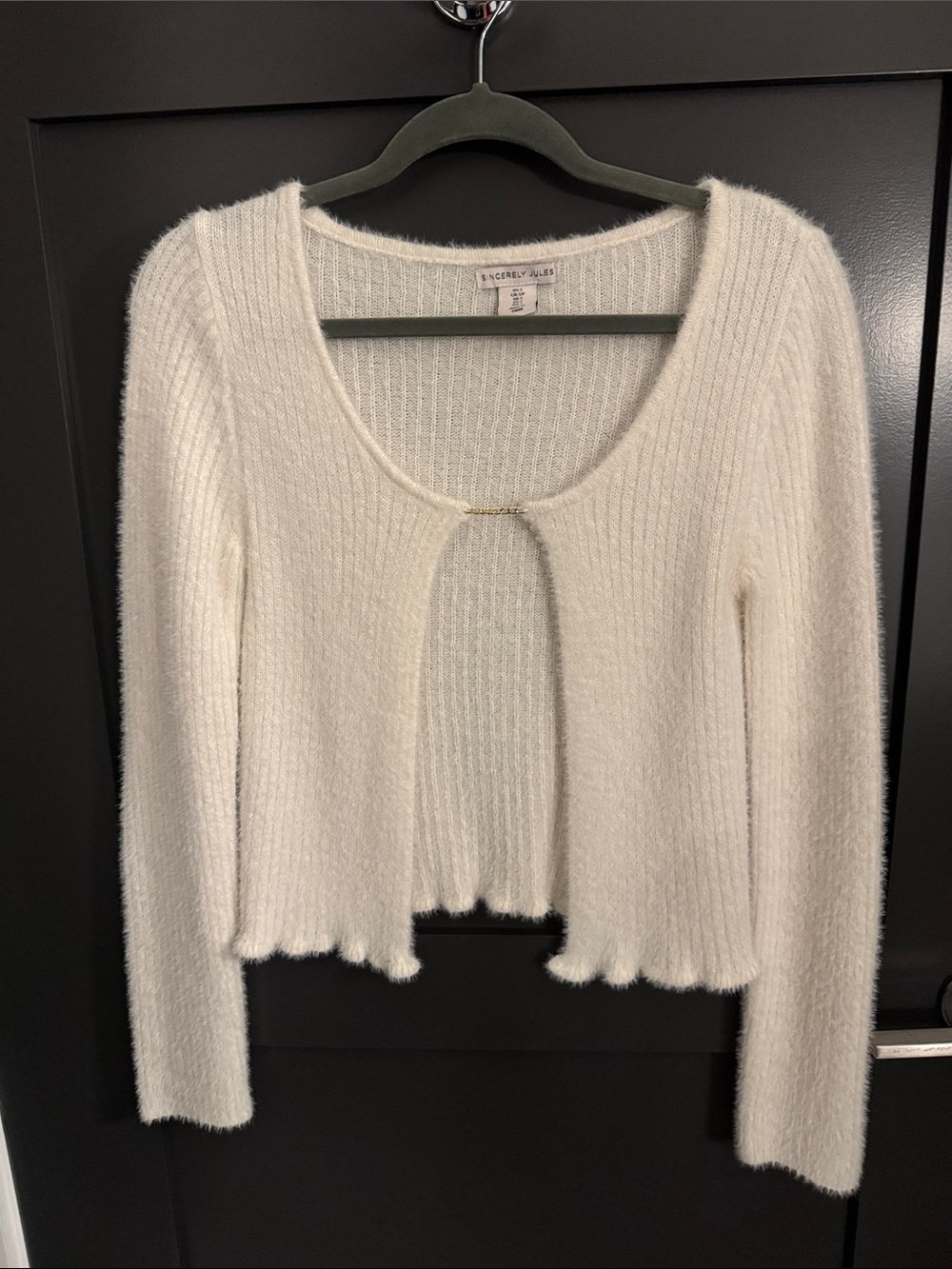 Cream Fuzzy Scoop-Neck Cropped Cardigan with gold chain detail